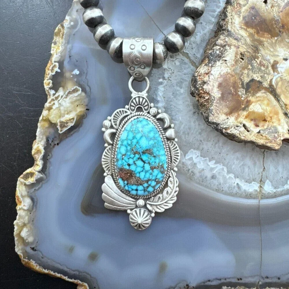 Sterling Southwestern Style Large Egg-shape Kingman Turquoise Pendant For Women